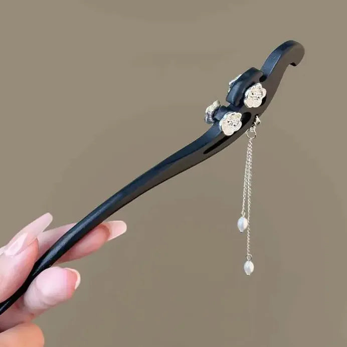 Wooden Chinese Style Flower Tassel Hair Stick with Pearl Pendant Hairpin