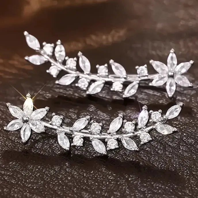Aesthetic Flower Cubic Zirconia Geometric Stud Climb Earrings for Women Copper Alloy Jewelry