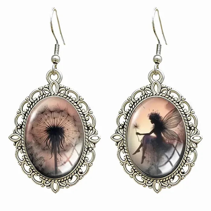 Asymmetric Black Dandelion Elf Fairy Gothic Oval Glass Zinc Alloy Earrings