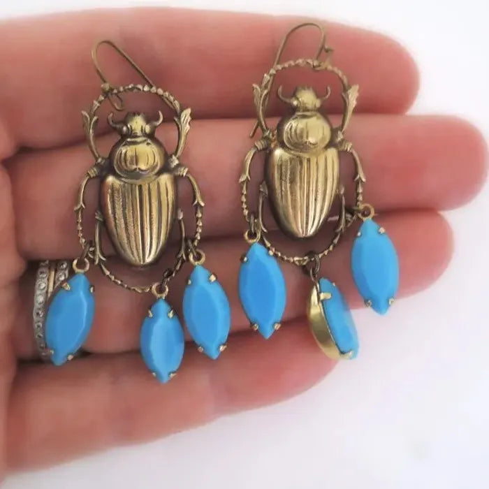 Vintage Blue Gemstone Beetle Pendant Drop Earrings Zinc Alloy Jewelry for Women