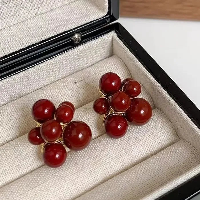 Red Beads Geometric Flower Stud Earrings Zinc Alloy Gift for Women Girls