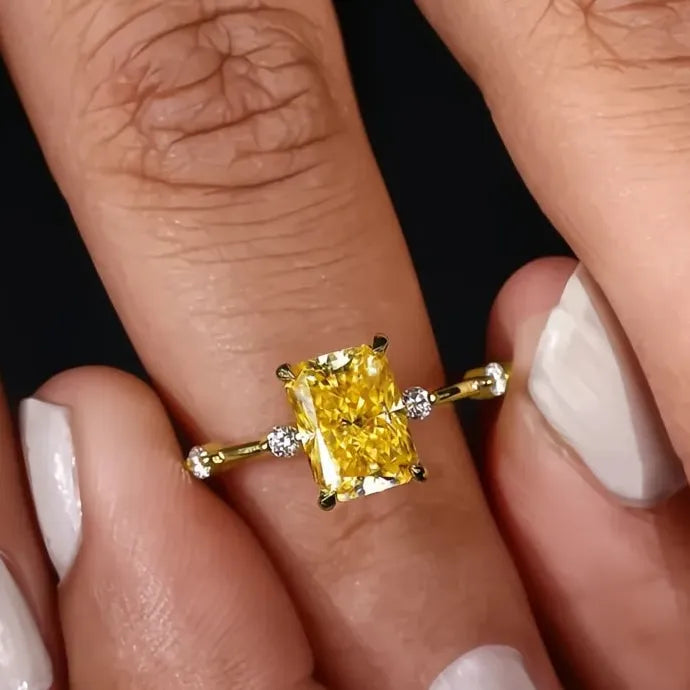Yellow Cubic Zirconia Geometric Gold Color Brass Ring for Women Wedding Band