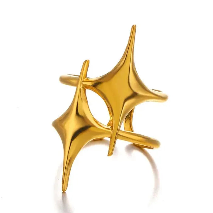 18K Gold Plated Stainless Steel Star Cross Open Ring Waterproof Jewelry Gift