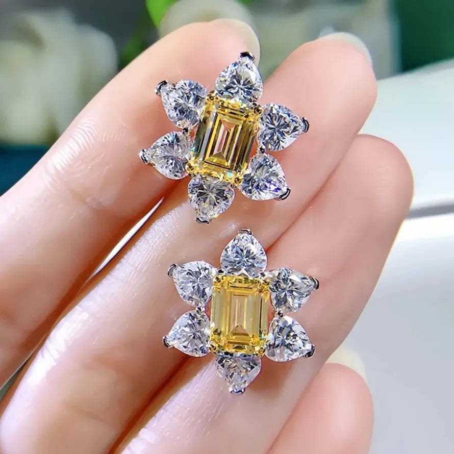 Bright Yellow Flower CZ Geometric Copper Alloy Stud Earrings Wedding Gift