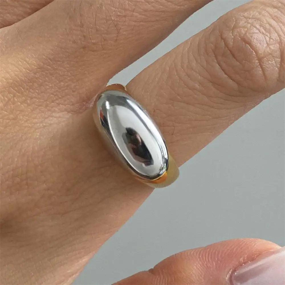 18k Gold Plated Two-Tone Polished Dome Punk Stainless Steel Ring Women