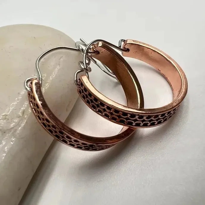 Vintage Half Round Hand Carved Zinc Alloy Earrings for Women, Red Copper Hook