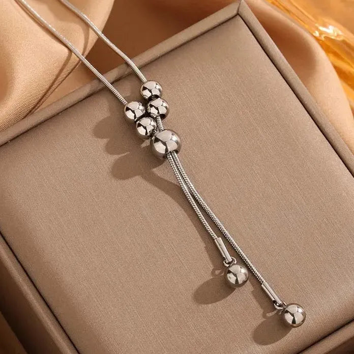 Stainless Steel Women’s Necklace Punk Silver Circle Ball Pendant Long Chain Jewelry