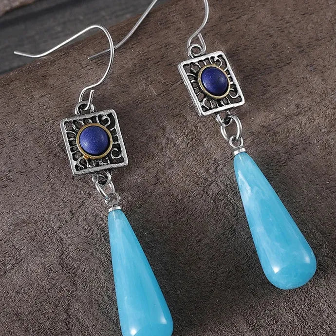 Retro Ethnic Style Two-Color Synthetic Stone Long Water Drop Earrings Zinc Alloy