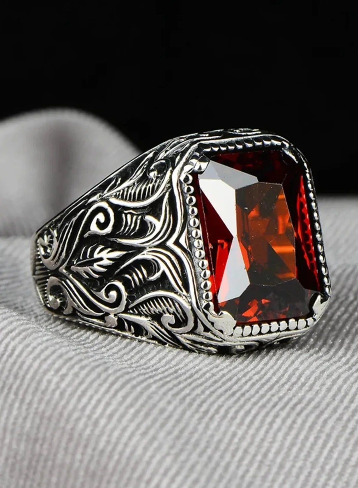 Vintage Handmade Turkish Silver Signet Ring Unisex Red Yellow Zircon Inlay Punk Biker