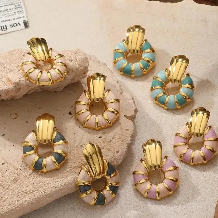 Stainless Steel Geometric Stud Earrings for Women Vintage Enamel Colorful Gift Jewelry