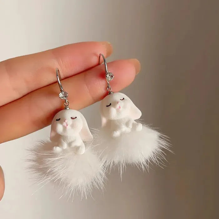 White Plush Cotton Rabbit Carrot Drop Earrings Cute Winter Gift