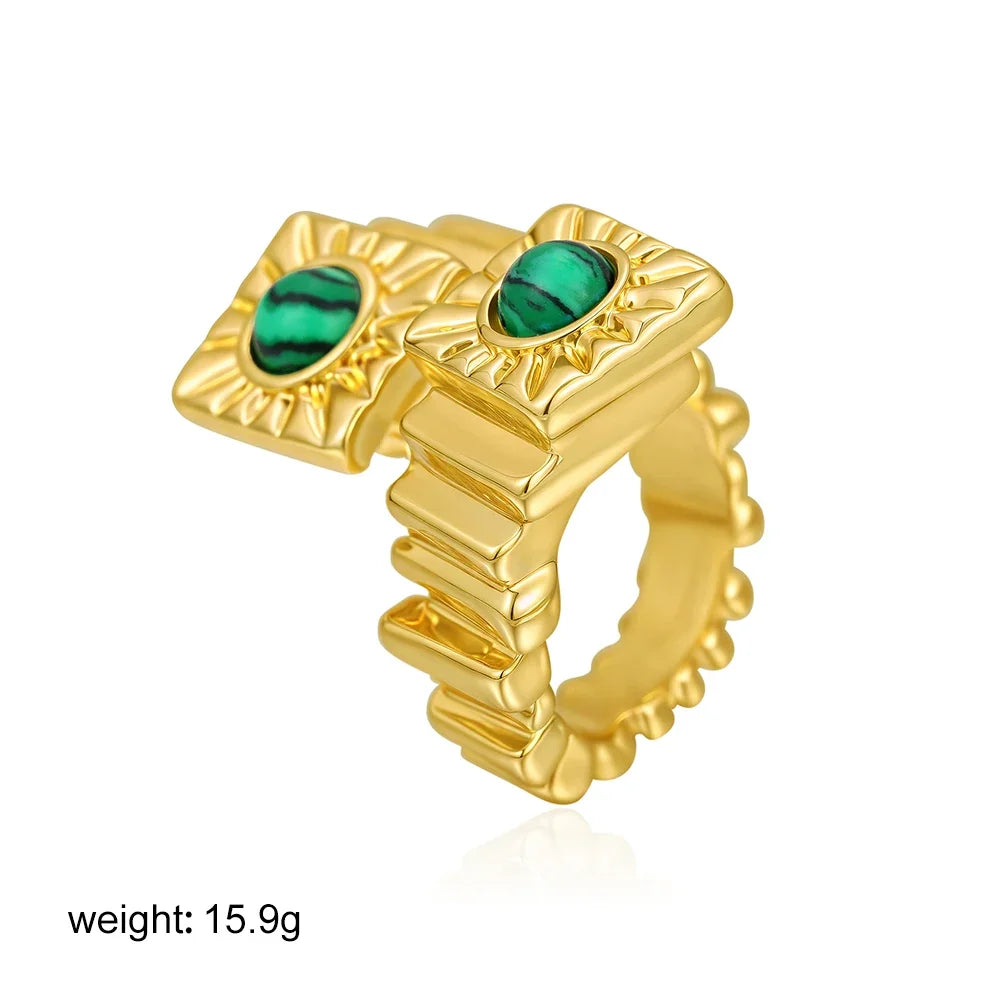Geometric Stainless Steel Statement Ring for Women with Natural Turquoise Vintage Jewelry