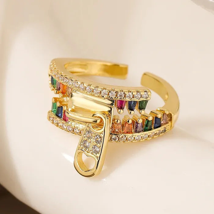 Copper Metal Zipper Open Ring Featuring Zircon Crystal for Women Personality