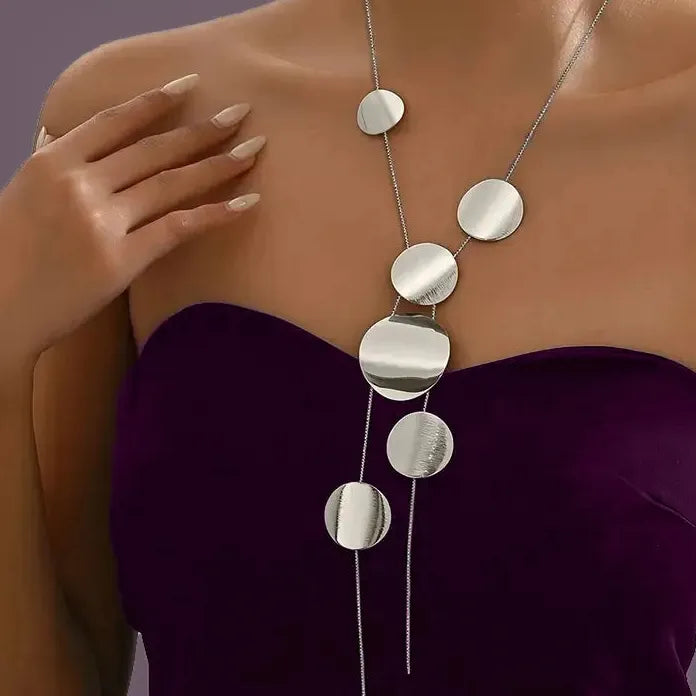 Geometric Metal Circular Sequin Pendant Necklace for Women Punk Tassel Gift