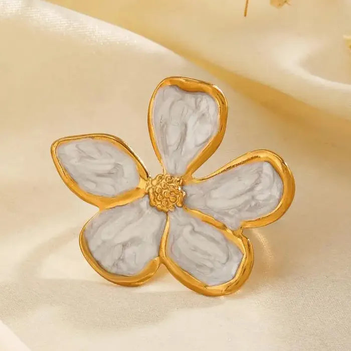 Vintage Stainless Steel Big Bloom Flower Cocktail Ring Black White Drip Oil