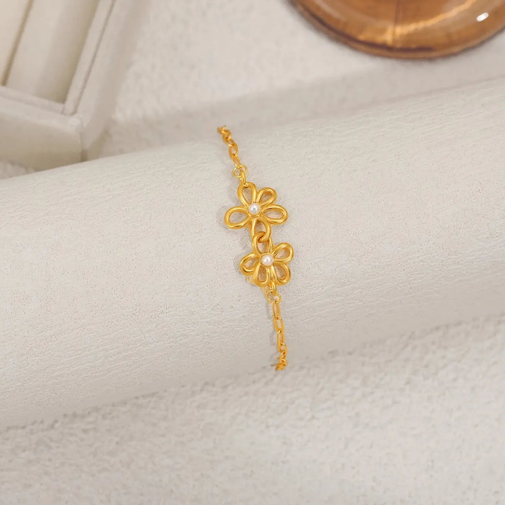 18K Gold Plated Double Flower Stainless Steel Adjustable Bracelet for Women Girls