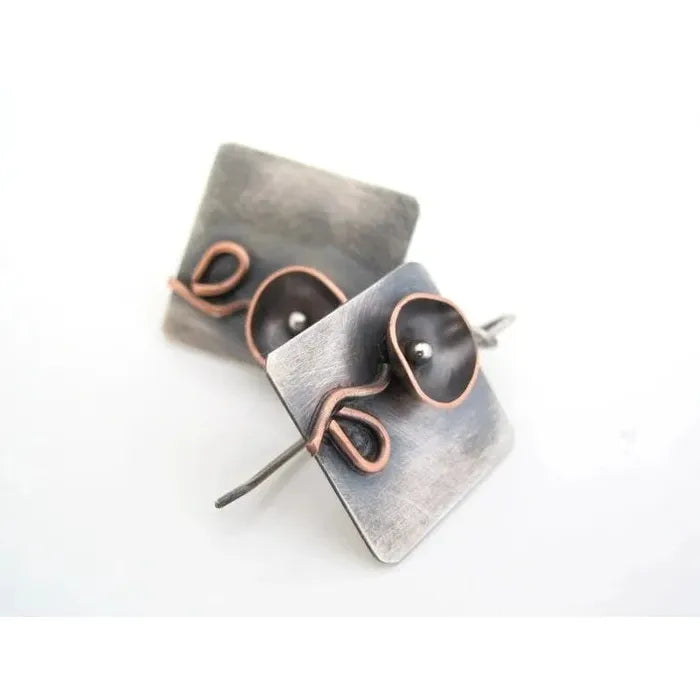 Vintage Zinc Alloy Metal Square Geometric Floral Carving Pendant Drop Earrings for Women