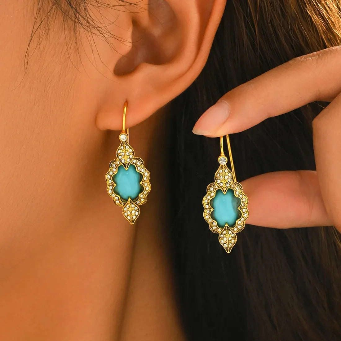 Vintage Blue Stone Bohemian Women's Earrings Zinc Alloy Carved Flower Pendant Jewelry
