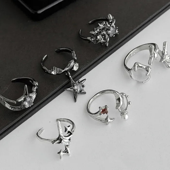 6Pcs Adjustable Metal Pentagram Star Rings Set Hip-Hop Punk Men Jewelry