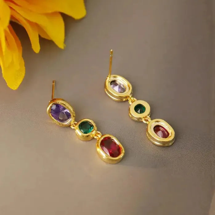 Classic Colorful Zircon Oval Drop Earrings for Women Vintage Style Jewelry