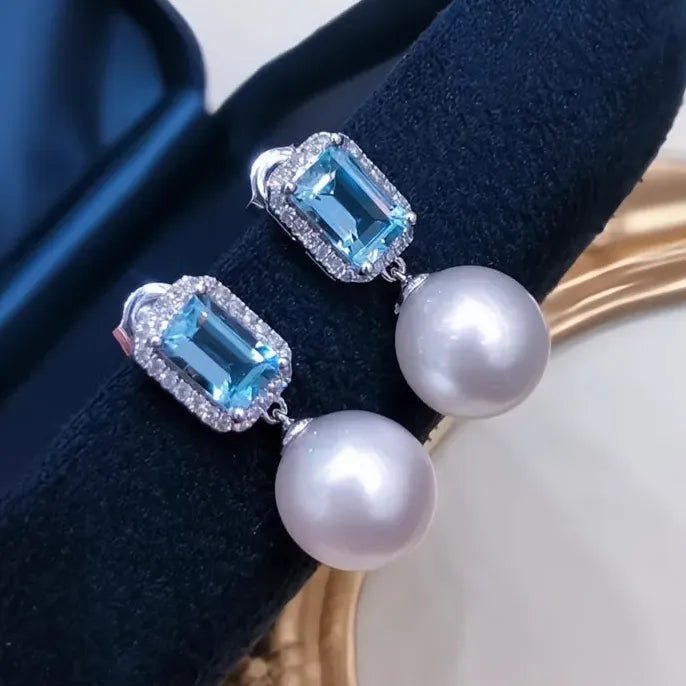 Simulated Pearl Drop Earrings with Blue Cubic Zirconia Square Brass Jewelry