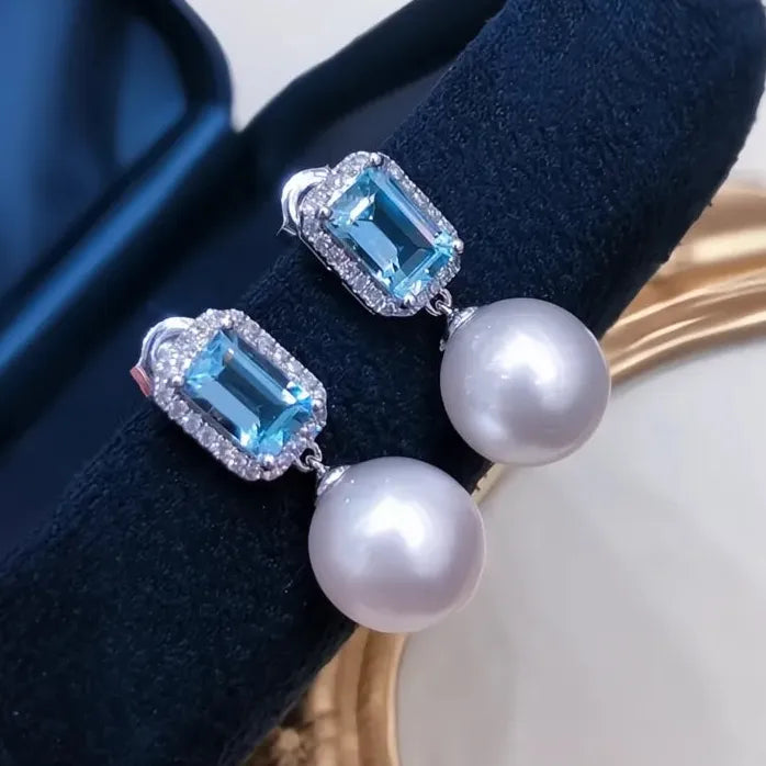 Brass Alloy Drop Earrings with Simulated Pearls and Blue Cubic Zirconia