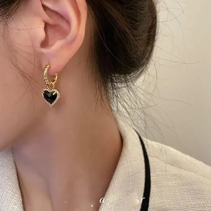 Love Heart Zircon Drop Earrings for Women Black Zinc Alloy Jewelry