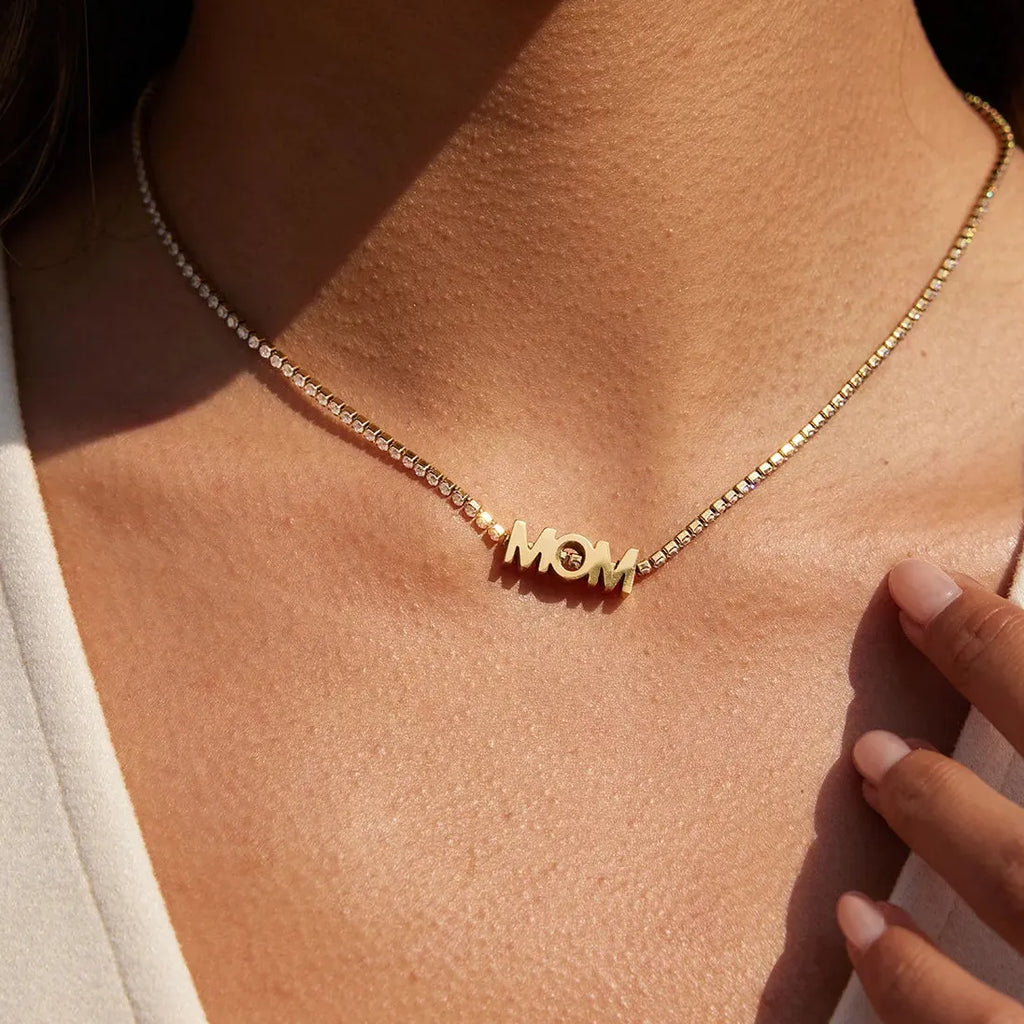 18K Gold Plated Stainless Steel Zircon MOM Tennis Chain Necklace Choker