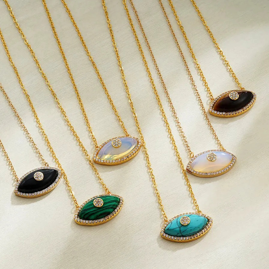 Multi Colored Natural Stones Evil Eye Pendant Necklace Women Stainless Steel Opal Zircon Choker Jewelry