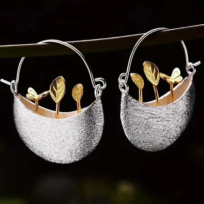 Vintage Silvery Zinc Alloy Flower Pot & Butterfly Drop Hoop Earrings Women