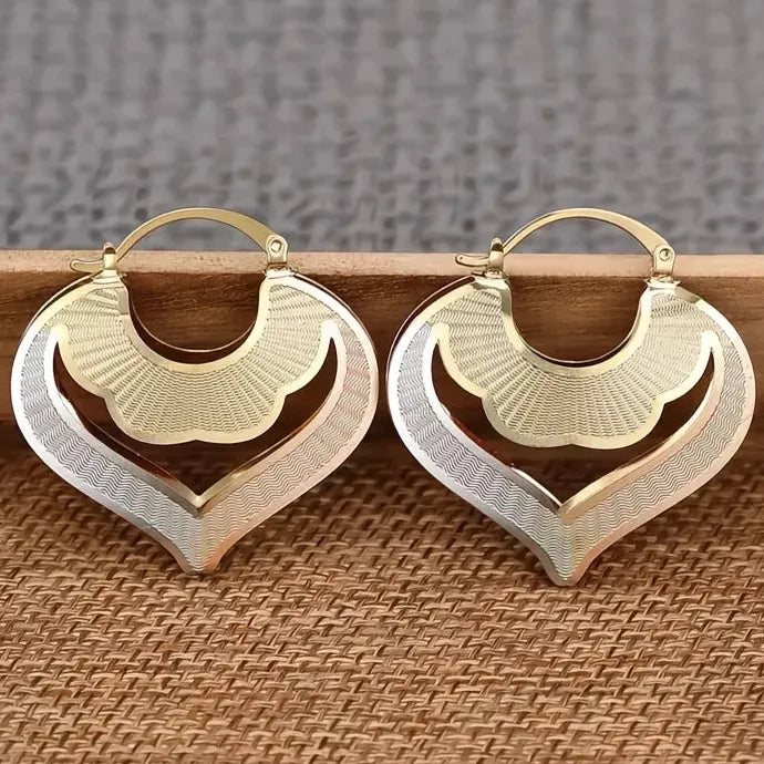 Heart Design Women’s Three Tone Hollow Out Drop Earrings Brass Jewelry