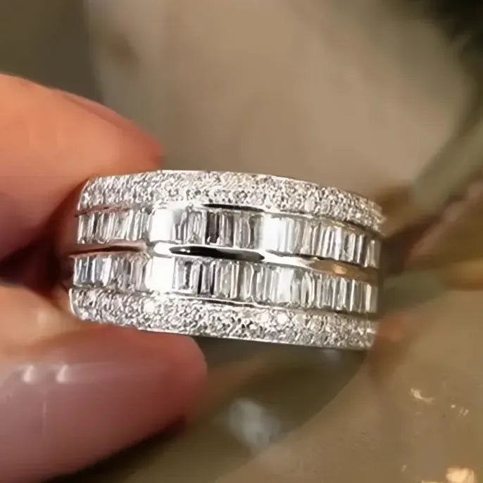 Wide Geometric Brass Ring with Cubic Zirconia Pavé Wedding Band for Women