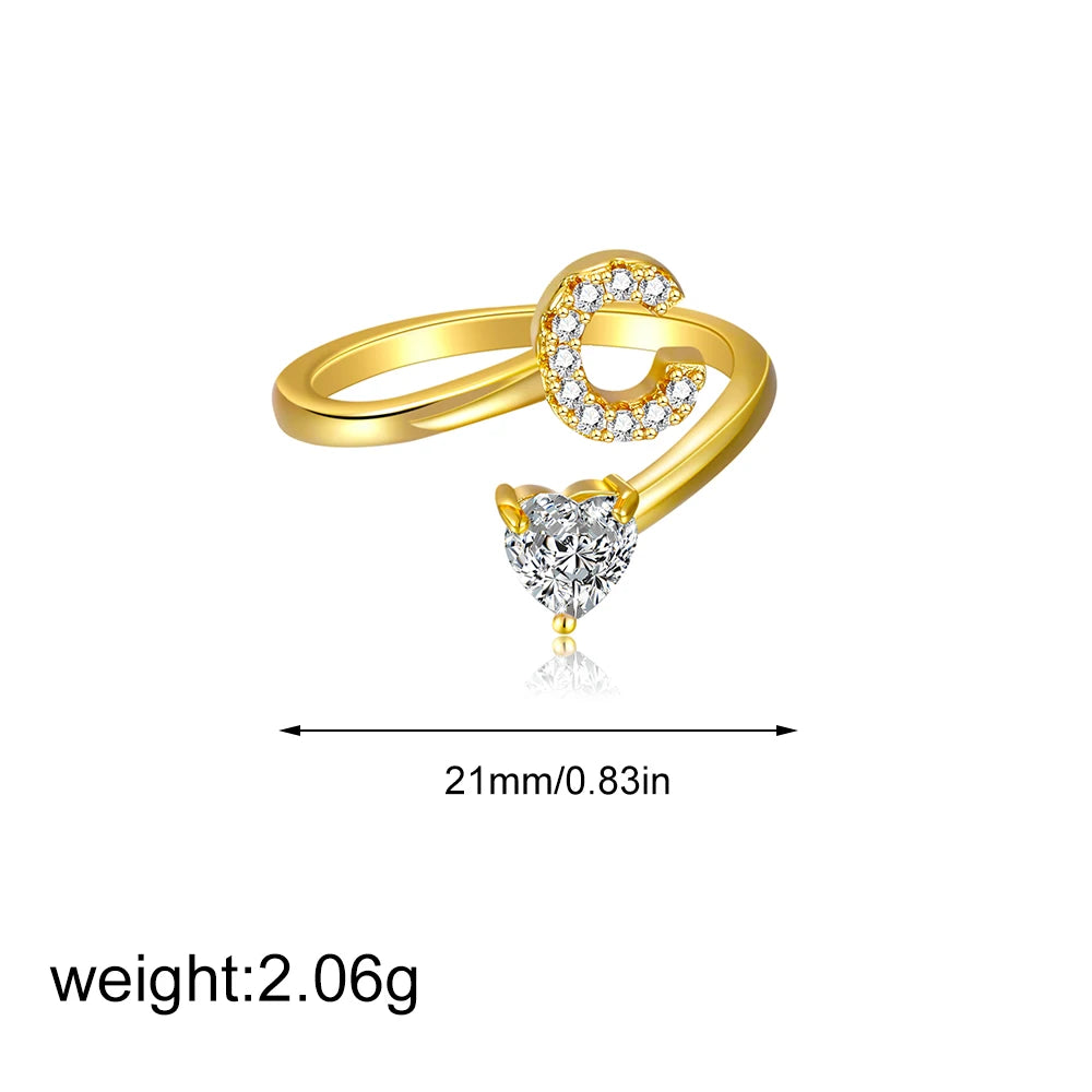 Polished Gold Plated Copper A-Z Letter Initial Ring with Zircon Heart Wedding Jewelry