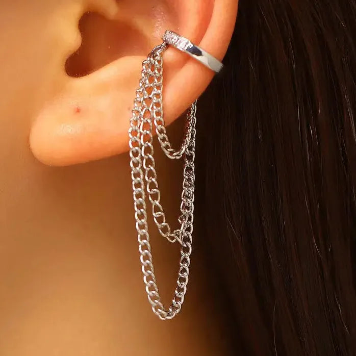Temperament Tassel Long Clip Earrings for Women Zircon C-Shaped Chain Jewelry Trendy
