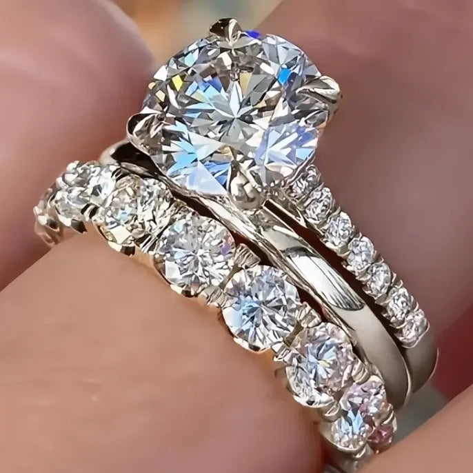 Charming Women’s 3-Piece Brass CZ Ring Set for Wedding Engagement Jewelry