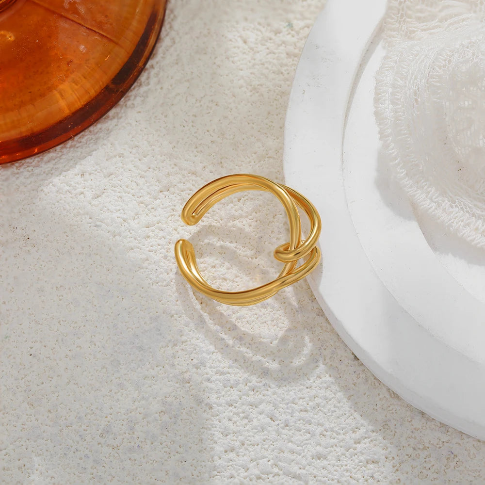 Vintage Gold Plated Stainless Steel Hollow Double-Layer Twisted Rope Knot Ring for Women