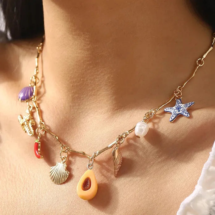 Bohemia Style Zinc Alloy Necklace Women Crab Starfish Conch Chili Pendant Gift