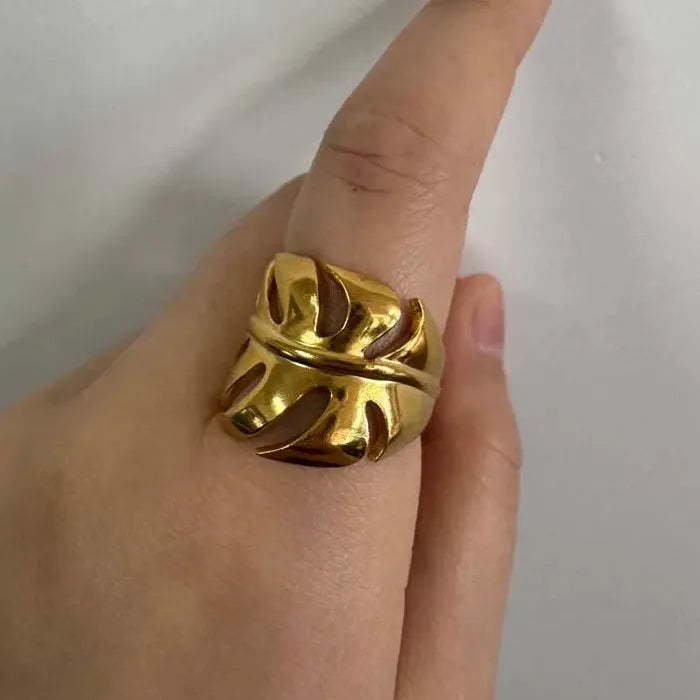 Adjustable Stainless Steel Leaf Wave Line Ring for Women Vintage Gold Jewelry