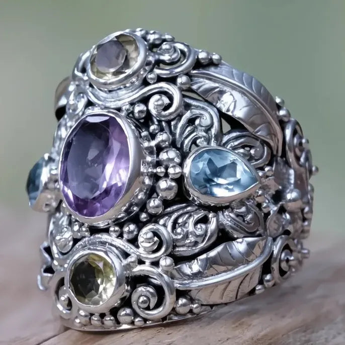 Vintage Women’s Silver Brass Geometric CZ Cocktail Ring Multicolor Party Jewelry