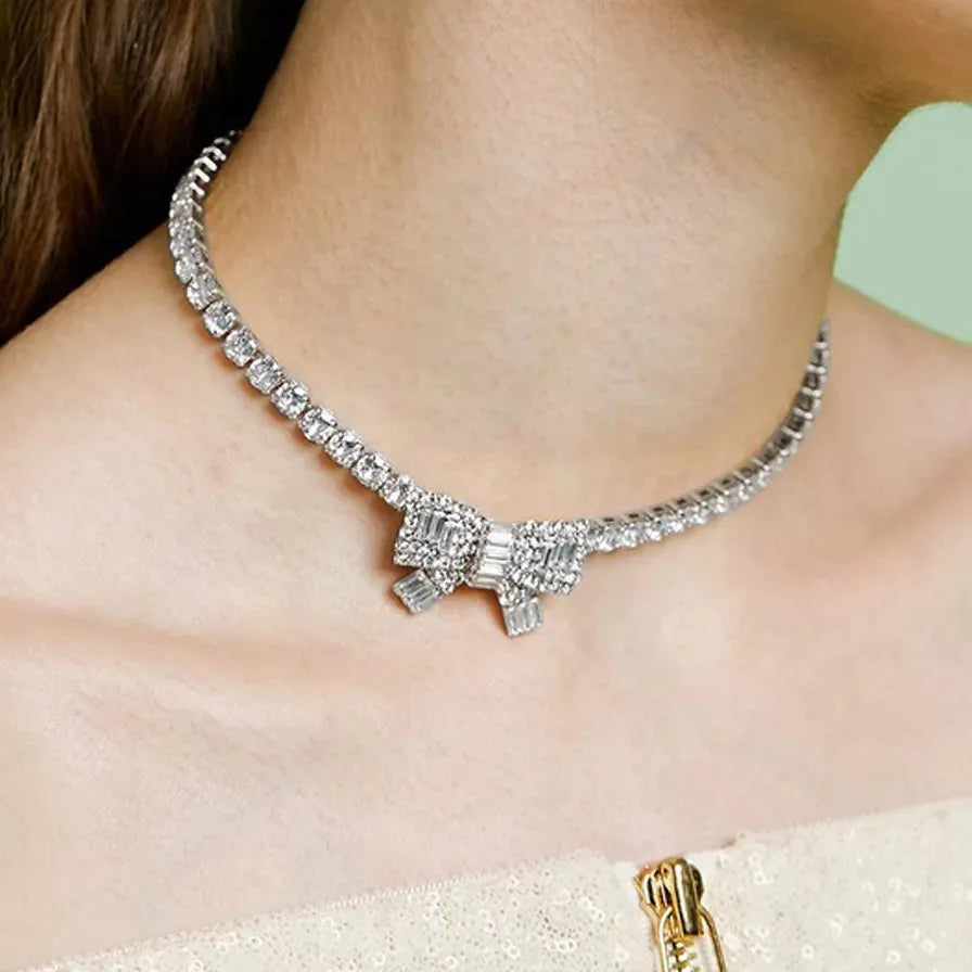 18K Gold Plated Bow Knot CZ Zircon Clavicle Necklace for Women Elegant Jewelry