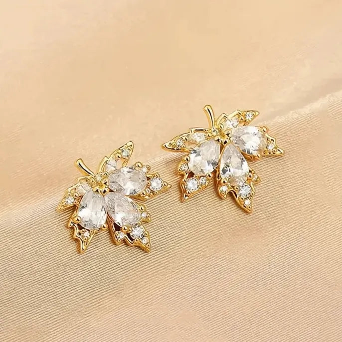 Gold Maple Leaf Stud Earrings with Cubic Zirconia Copper Alloy Jewelry for Women