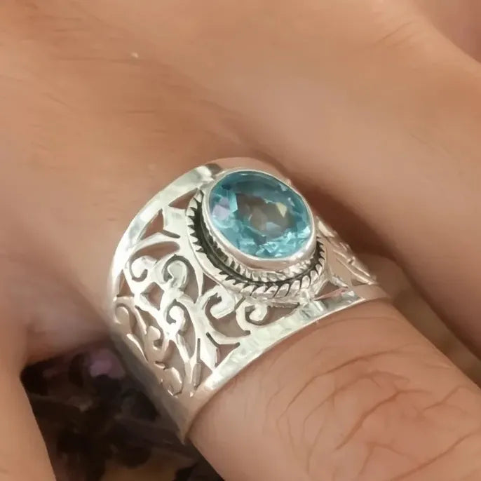 Wide Hollow Zinc Alloy Ring with Oval Sky Blue Glass Stone for Women