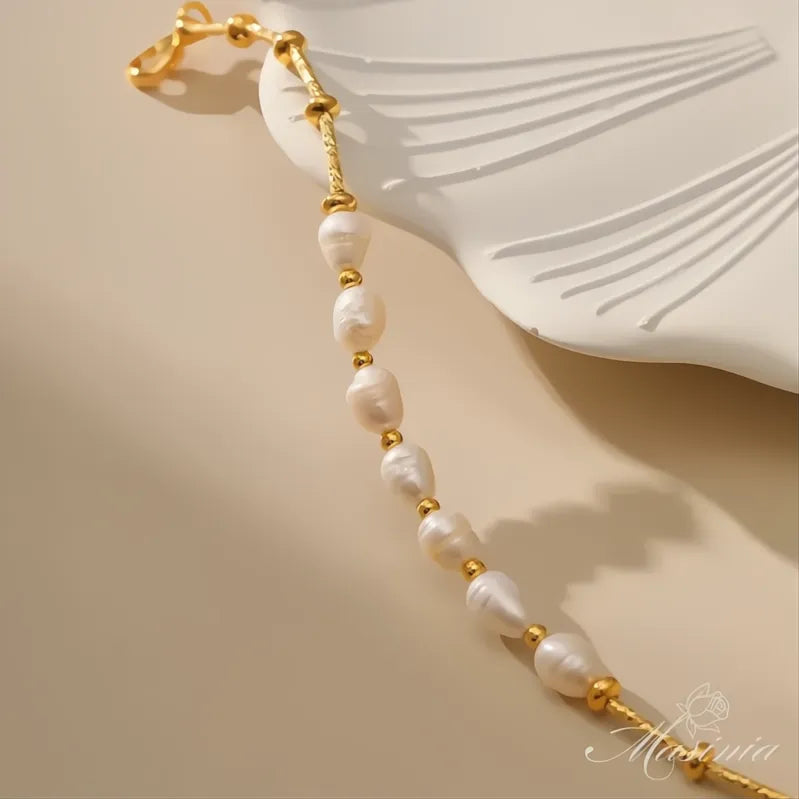 Freshwater Pearl Gold Plated Beaded Bracelet Women Link Chain