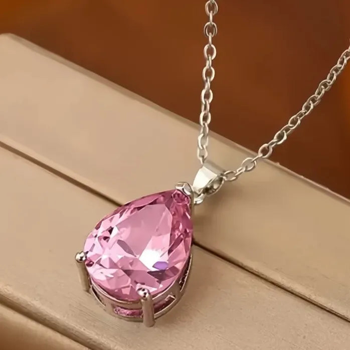 Copper Alloy Pendant Necklace with Pink Cubic Zirconia for Women