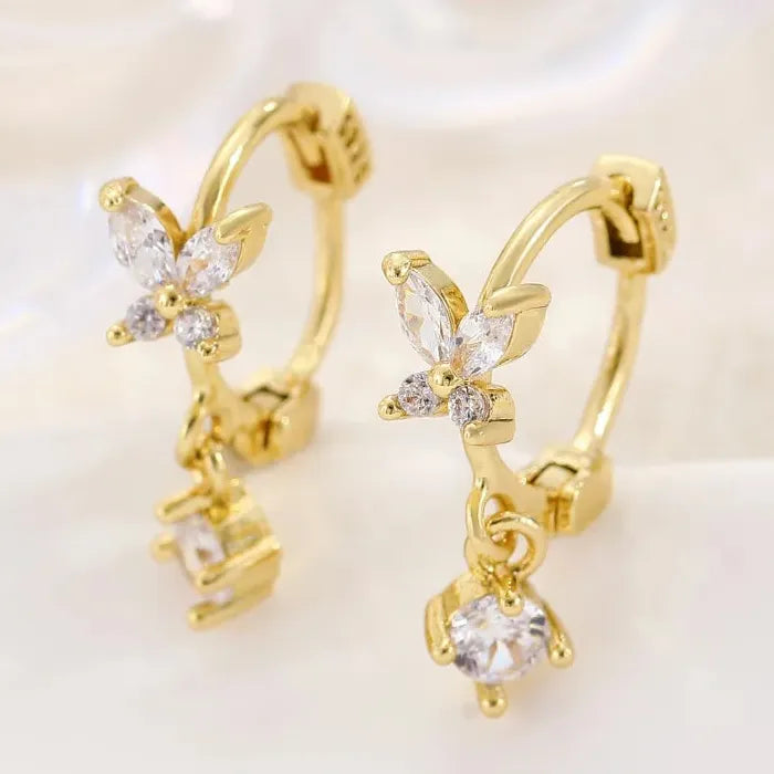 Gold-Plated Butterfly Hoop Earrings with Crystal Waterdrop Pendants