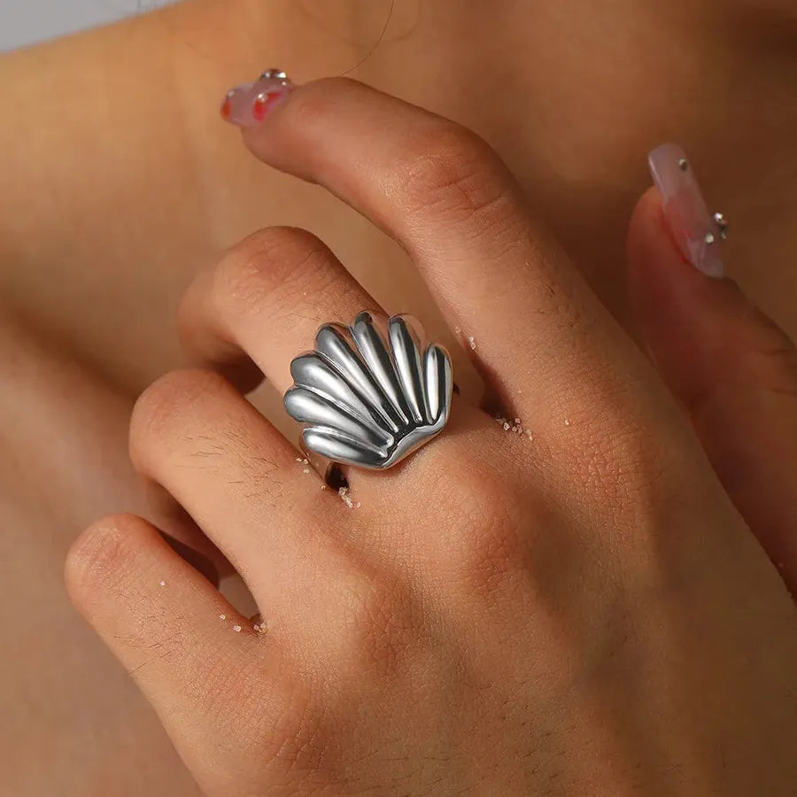 Vintage Stainless Steel Ocean Starfish Scallop Open Ring for Women Men Jewelry