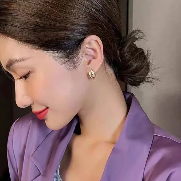 2024 Shell Zircon Arc Metal Stud Earrings Korean Fashion Jewelry Women