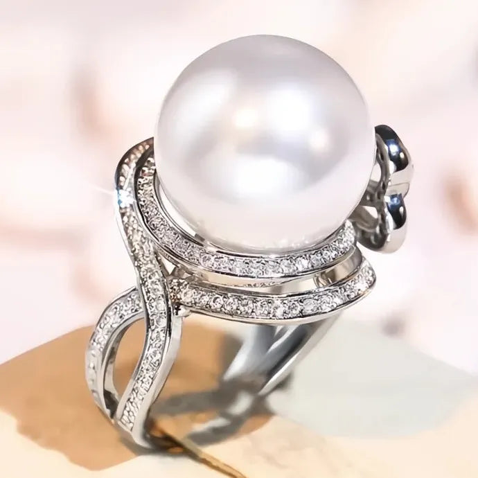 Bowknot Finger Ring with Simulated Pearl & CZ Brass Wedding Party Jewelry