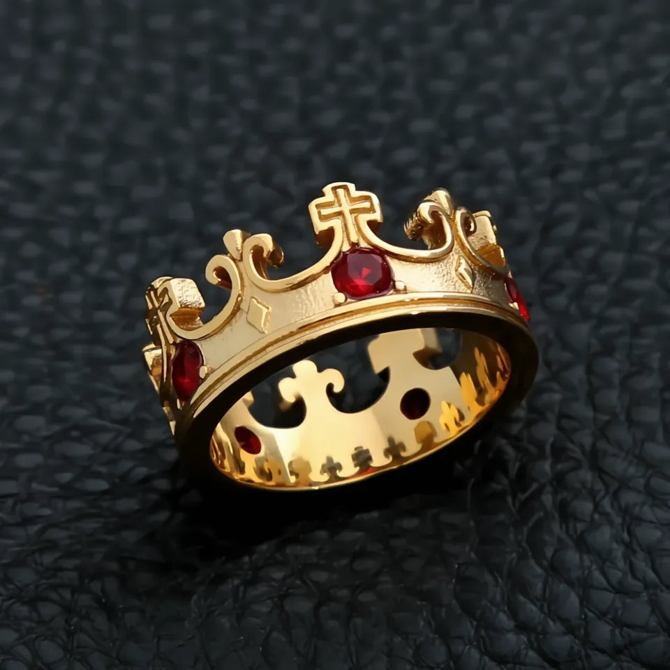 Vintage Crown Stone Ring 316L Stainless Steel Silver Gold Black Jewelry for Men Women Gift