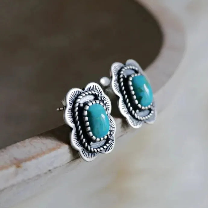 Retro Geometric Flower Imitation Turquoise Earrings for Women Wedding Jewelry Gift